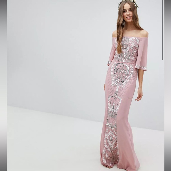 Maya Dresses & Skirts - ASOS Embellished Bardot Maxi Dress With Fluted Sleeves